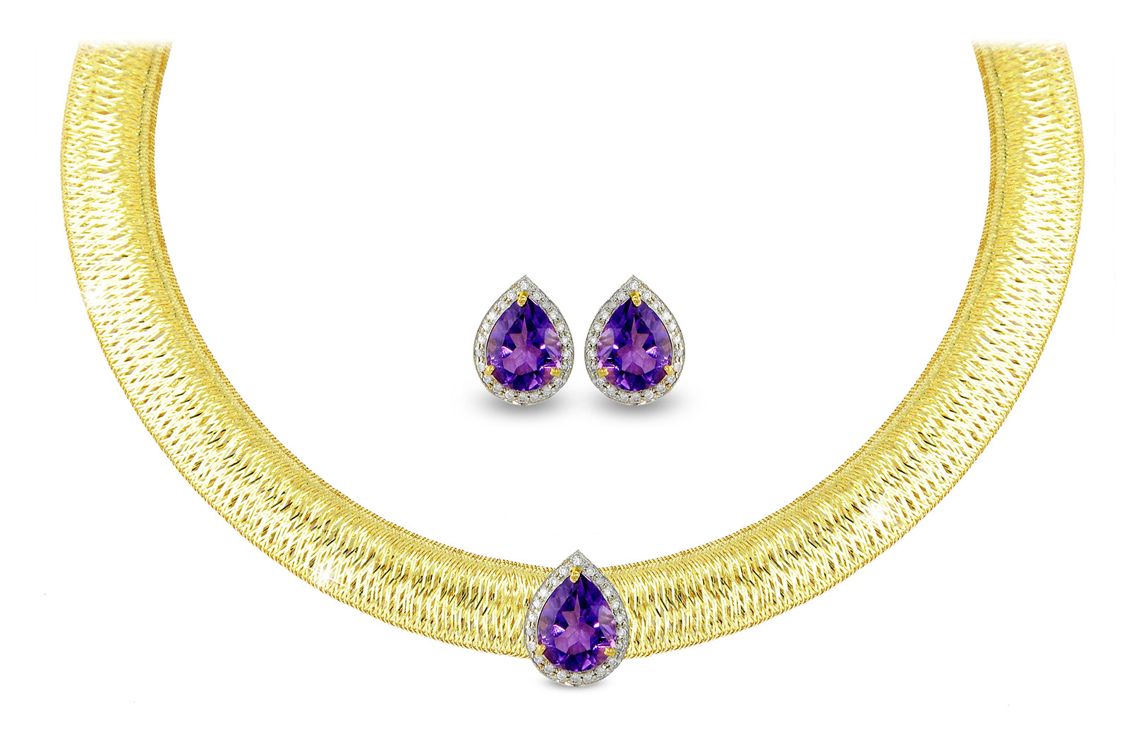 Vera Perla 18K Gold 0.36ct Diamonds Amethyst,  Jewelry Set - 2 pcs.